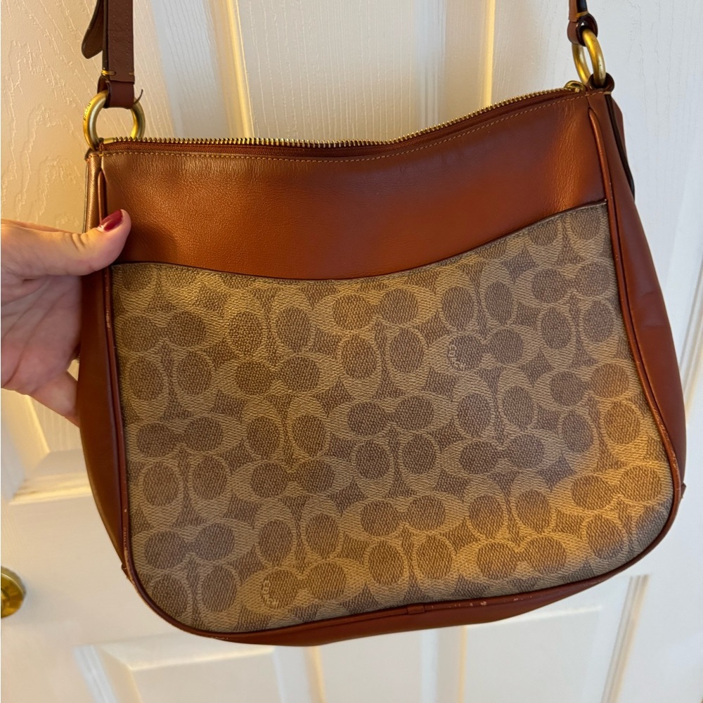 Coach Coated Canvas Signature Logo / Brown Leather Crossbody Bag — Vintage